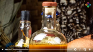 Glass bottles holding a murky brown substance known as Ayahuasca