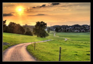a winding dirt road gently slopes over a grassy meadow with a deep orange sunset in the background