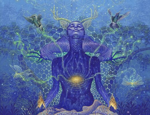 A blue and turquoise humanoid entity sits in the lotus position with eyes closed and head stretch upward, demonstrating the connection to the spirit world that's found at ayahuasca retreats