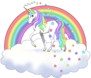 A unicorn trots on a fluffy cloud, emitting colorful stars under a colorful rainbow