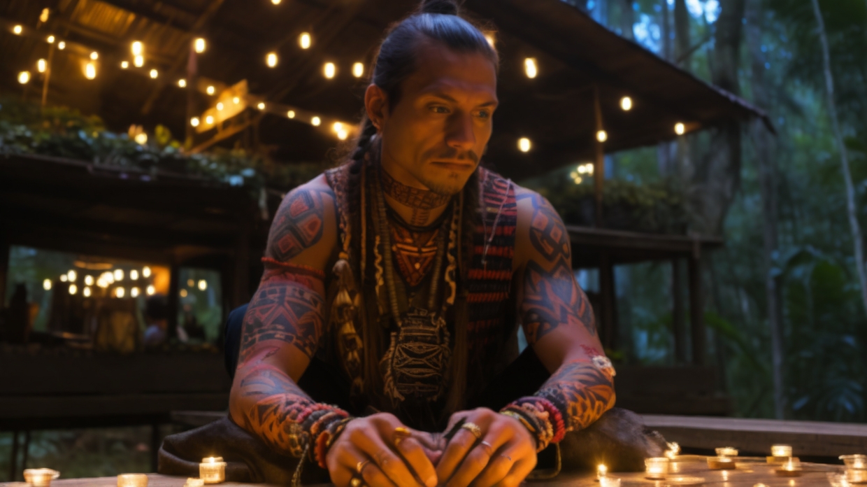 A shirtless man with lots of tribal tattoos sits in the jungle pondering something deep in thought - presumably at an Ayahuasca retreat