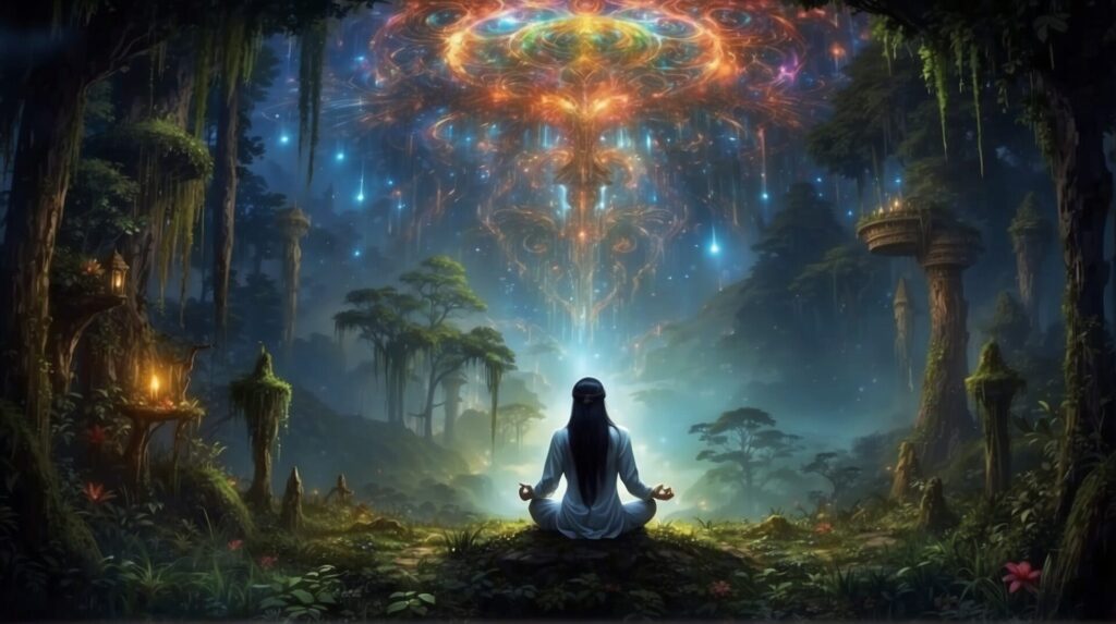 A person sits cross-legged in a lotus position in front of a vast, magical realm of outer worldly shapes and colors
