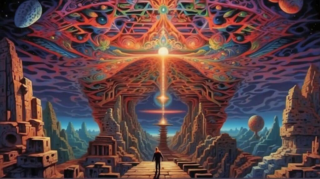 A person walks into another dimension of outlandish shapes, designs, and imagery that's being beamed down from the sky - an imagined reality from an Ayahuasca or DMT experience