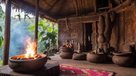 A fire burns in a clay cauldron at an Ayhuasca retreat center in the jungle