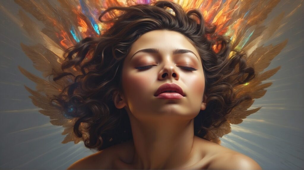 A young woman is depicted having an emotional and spiritual breakthrough from an ayahuasca retreat. Her bare shoulders are shown with her hair blown backward, with her face uplifted and her eyes closed as though she's open to the experience, with colorful glowing rays of light shine from behind her