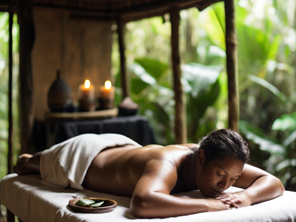 A person is laying on a massage table wearing only a towel, in a hut in the middle of the jungle at an Ayhuasaca retreat