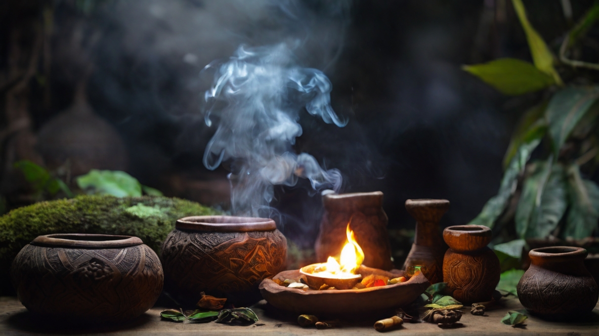 Incense is being burnt in a dark cave or hut that's lit by a candle, and surrounded by decorated clay pots with plants and herbs all around