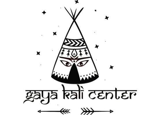 Logo for the Gaya Kali Center ayahuasca retreat, which is a teepee with stars in the background, and the teepee has a design that looks like eyes above the entrance