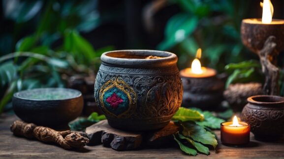 A ceramic pot which is decorated with native paint sits on a piece of wood amidst a jungle setting with a fire in the background, demonstrating an experience common at Ayahuasca retreats