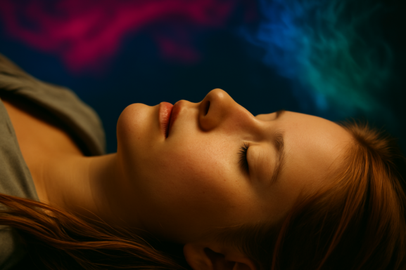 A woman under the influence of magic mushrooms lays face-up with her eyes closed in the dark, with vibrant colorful fog swirling behind her